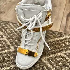 Giuseppe Zanotti White and Gold High-Top Wedge Sneakers